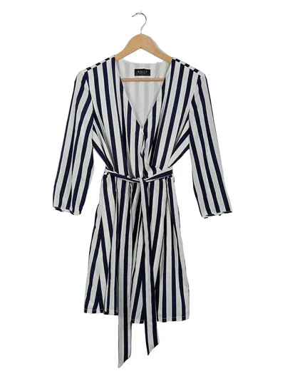 Mohito Wickelkleid Damen Gr. 38 Blau Weiß Gestreift Büro Midikleid