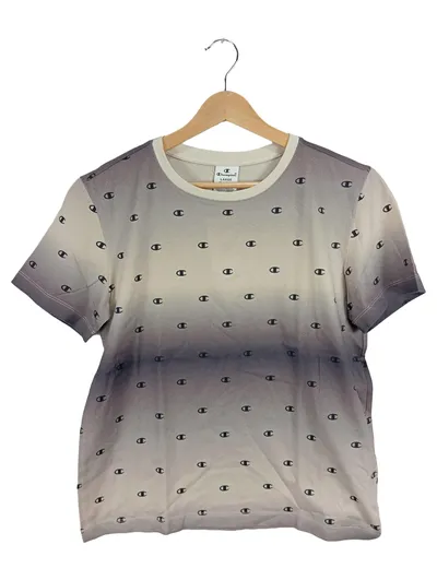 Champion Damen T-Shirt Gr. L Allover Logo Print Ombre Beige Grau