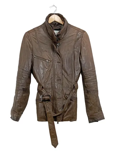 Milestone Damen Lederjacke Braun Gr. 34/XS Bikerstil mit Gürtel