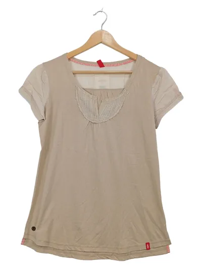 EDC Damen T-Shirt Beige Gr. M Spitzendetail Kurzarm Feminin