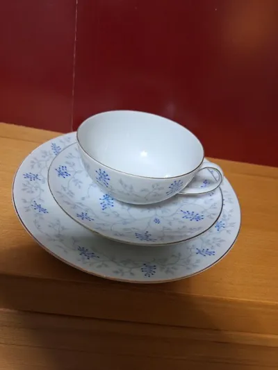 Arzberg Sammelgedeck 3-tlg Tasse Untertasse Kuchenteller Blau Weiß Porzellan
