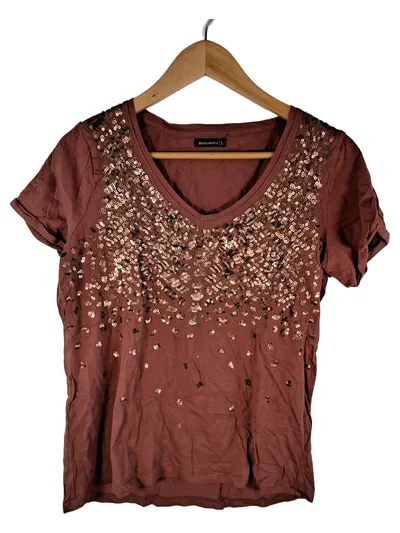 Encuentro Damen T-Shirt Pailletten Kurzarm Baumwolle Braun Gr. S Party