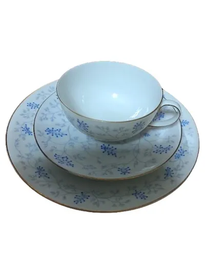 Arzberg Kaffeegedeck 3-tlg Tasse Untertasse Kuchenteller Blau Weiß Porzellan