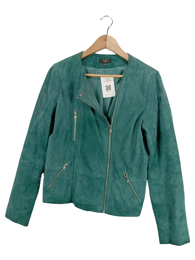 1.2.3 Paris Lederjacke Damen Grün Veloursleder Reißverschluss Freizeit L 40 1