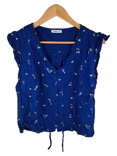Cache Cache Damen Bluse Gr. 50/XL Blau Tiermotiv Viskose Ärmellos Sommer