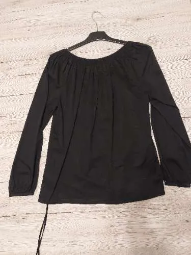 MEXX Damen Bluse Gr. 38 Schwarz Langarm Raffung Zierknöpfe Baumwolle