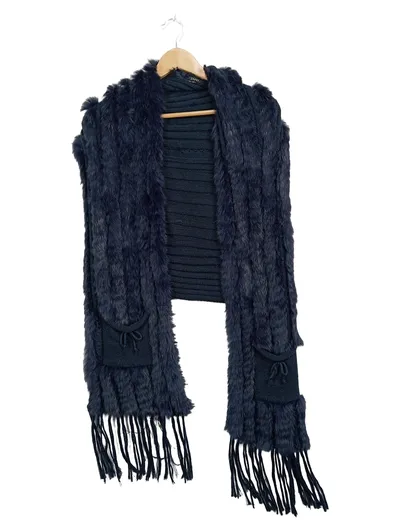 Jones Damen Schal Elegant Blau Fellbesatz Fransen Freizeit Uni 75cm