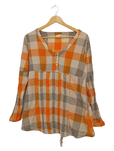 Cheer Damen Bluse Gr. 38/M kariert orange grau Langarm Baumwolle