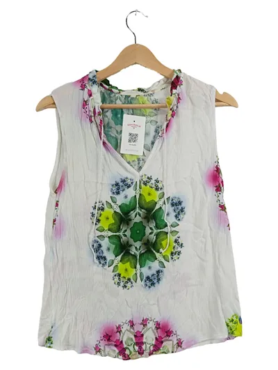 Desigual Damen Top Bluse Gr. L Blumenmuster Weiß Boho Viskose
