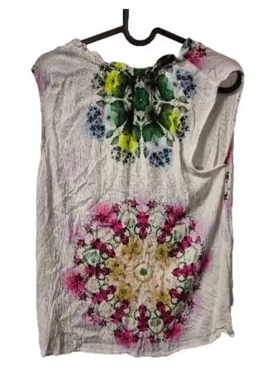 Desigual Damen Top Bluse Gr. L Blumenmuster Weiß Boho Viskose