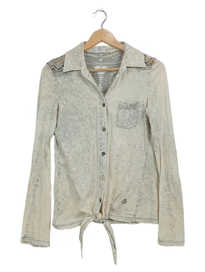 Khujo Damen Hemdbluse Gr. S Häkel-Einsatz Beige Bohemian Langarm