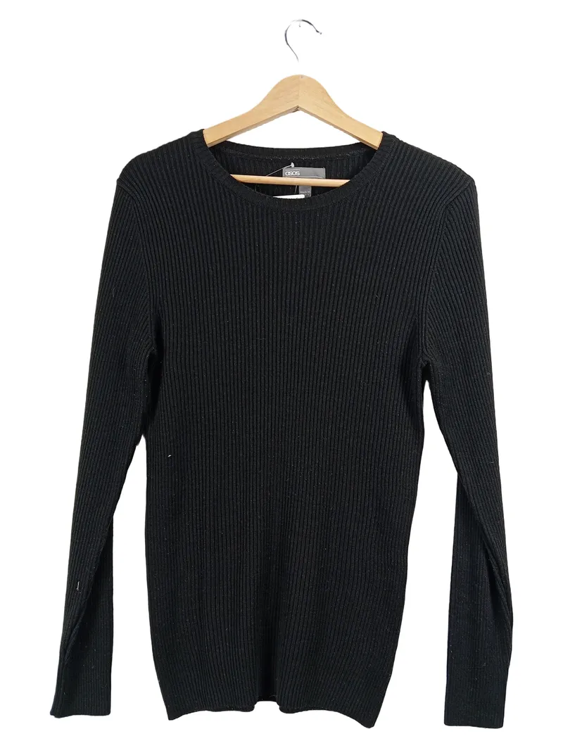 ASOS Herren Pullover Rippstrick Basic Langarm Schwarz Gr. M 1