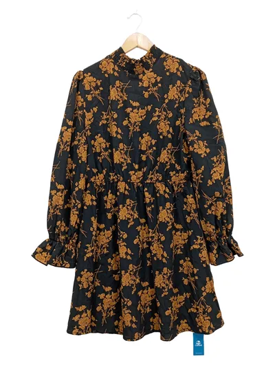 Cupshe Damen Blusenkleid Blumenmuster Schwarz Gold Gr. L Langarm Rüschen