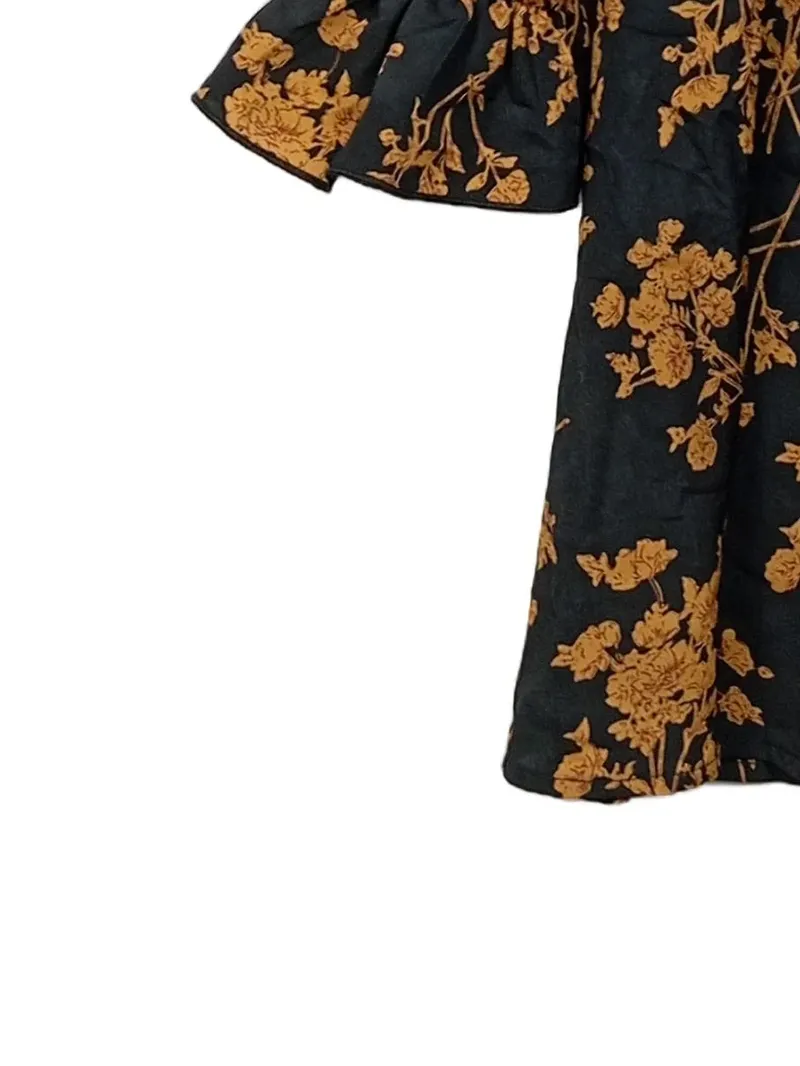 Cupshe Damen Blusenkleid Blumenmuster Schwarz Gold Gr. L Langarm Rüschen 3