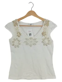 Alba Moda Damen Top Gr. 36 Weiß Kurzarm Baumwolle Festlich Perlen Stickerei 1