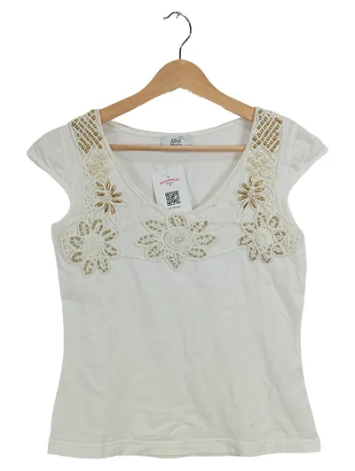 Alba Moda Damen Top Gr. 36 Weiß Kurzarm Baumwolle Festlich Perlen Stickerei