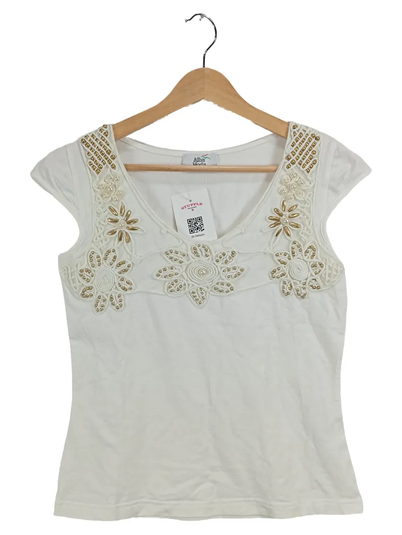 Alba Moda Damen Top Gr. 36 Weiß Kurzarm Baumwolle Festlich Perlen Stickerei 1