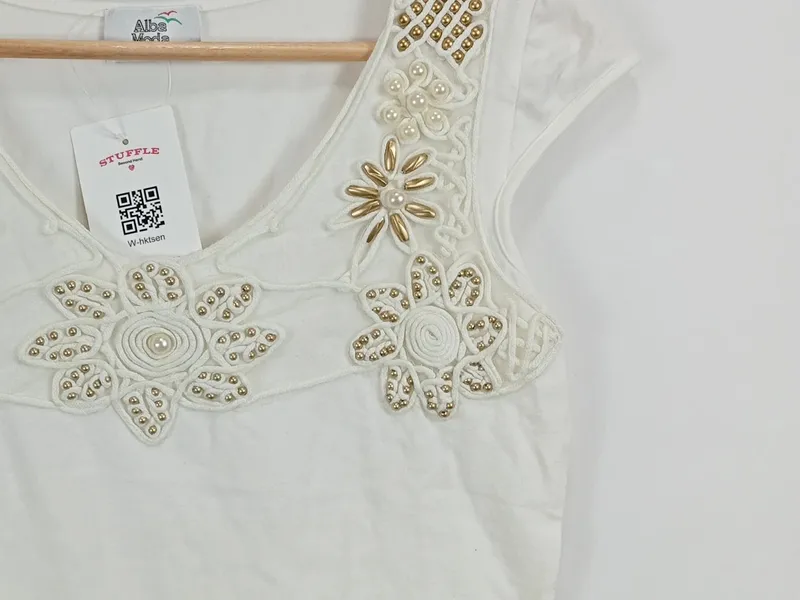 Alba Moda Damen Top Gr. 36 Weiß Kurzarm Baumwolle Festlich Perlen Stickerei 3