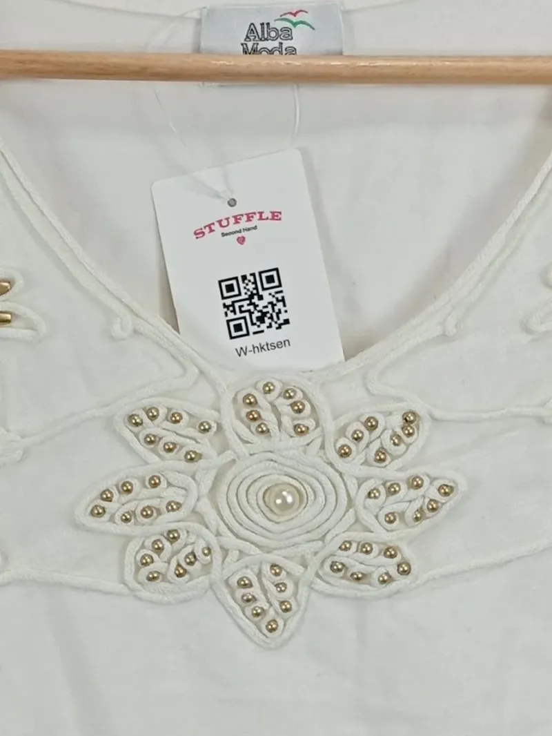 Alba Moda Damen Top Gr. 36 Weiß Kurzarm Baumwolle Festlich Perlen Stickerei 4