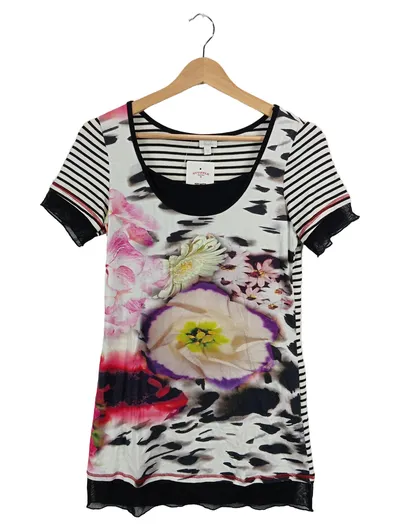 Alba Moda Damen T-Shirt Gr. 34/XS Viskose Kurzarm Blumen Spitze Mehrfarbig