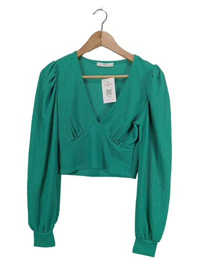Pigalle Damen Pullover Grün Strukturmuster Langarm Cropped Raffungen Gr. S