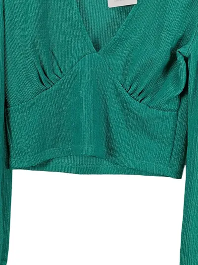 Pigalle Damen Pullover Grün Strukturmuster Langarm Cropped Raffungen Gr. S