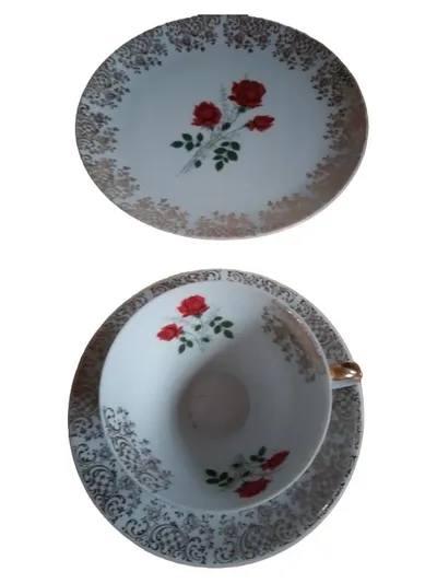 Rieber Bavaria Tasse Untertasse Teller 3-tlg Rosen Vintage Weiß Porzellan