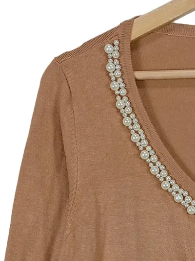Pompöös Strickjacke Damen Elegant Perlen Knopfleiste Beige Gr. 40 L