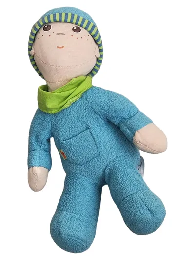 HABA Stoffpuppe Junge Babypuppe Blau Grün 28 cm Kuschelpuppe Baby