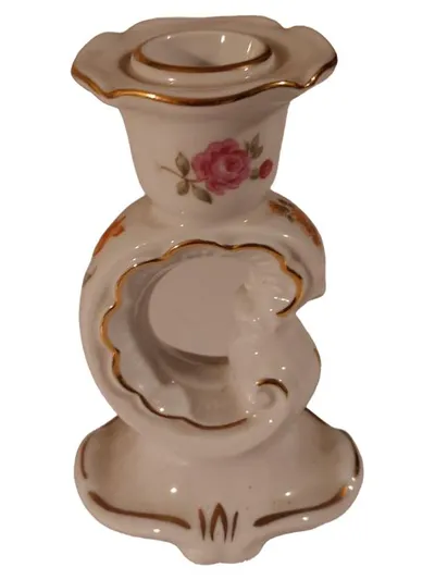 Weimar Porzellan Kerzenständer Rosendekor Goldrand 15cm Vintage