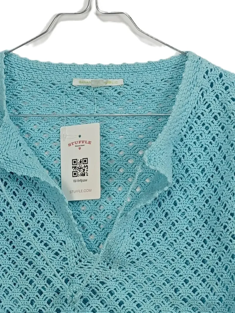 Banana Republic Damen Pullover Langarm Häkel Lochmuster Baumwolle Türkis S 2
