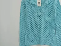 Banana Republic Damen Pullover Langarm Häkel Lochmuster Baumwolle Türkis S 4