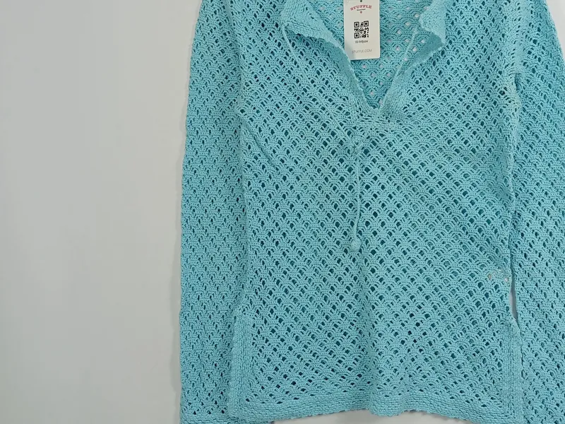Banana Republic Damen Pullover Langarm Häkel Lochmuster Baumwolle Türkis S 4