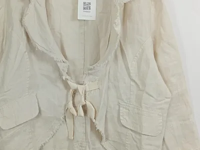 Queen Mum Leinen Jacke Damen Boho Fransen 3/4 Arm Beige Gr. 42 XL