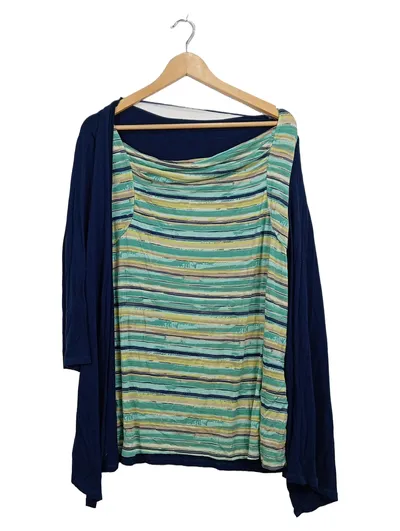 Grandiosa Damen Twin Set Strickjacke Top Gestreift Gr. 44 Blau Grün
