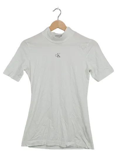 Calvin Klein Jeans Damen T-Shirt Rollkragen Weiß Logo Gr. M