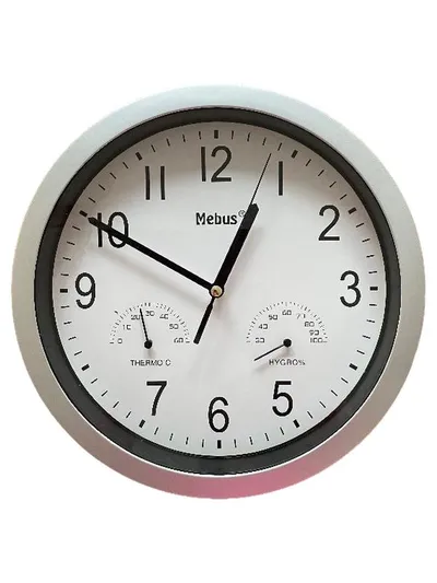 Mebus Wanduhr mit Thermometer Hygrometer Quarzuhr Weiß Silber 26cm