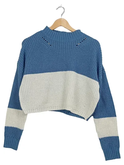 Terranova Damen Crop Pullover Strickpullover Blau Weiß Gr. M