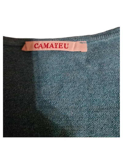 Camaïeu Damen Pullover V-Ausschnitt Türkis Gr. 38/M Langarm