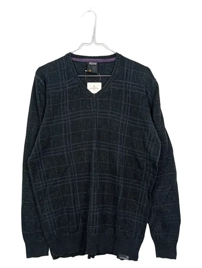 SMOG Herren Pullover Kariert Grau V-Ausschnitt Langarm Gr. S