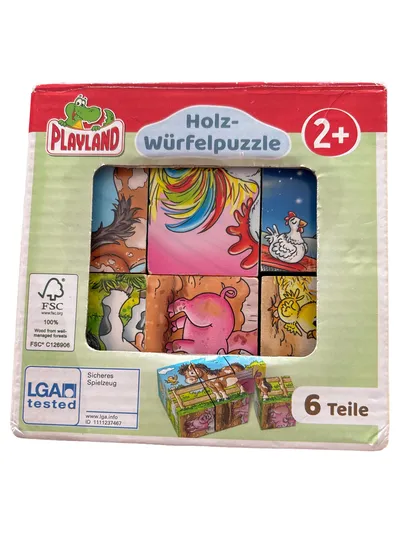 Playland Holz-Würfelpuzzle 6 Teile Bauernhof Tiere ab 2 Jahre FSC Holz
