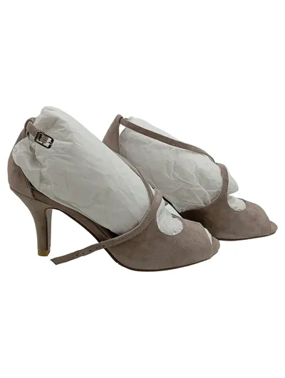 CafèNoir Peeptoe Sandalette Damen Gr. 38 Beige Wildleder Riemchen Pumps
