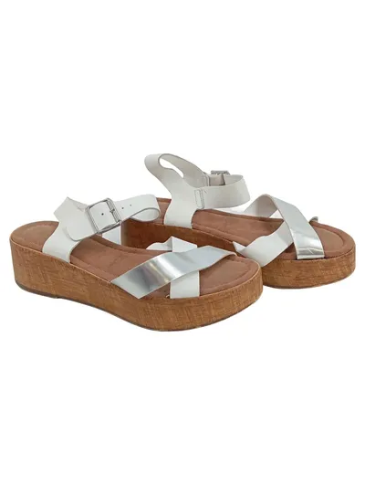 Tamaris Plateausandalen Damen Leder Weiß Gr. 38 Metallic Schnalle 6cm