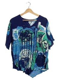 DW-Shop Damen T-Shirt Viskose Kurzarm Raffungen Abstrakt Blau Gr. 40 L 1