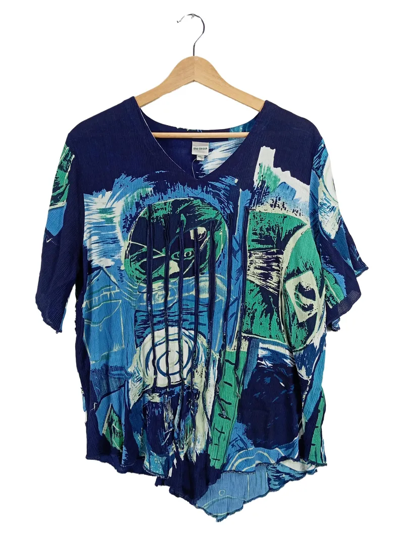 DW-Shop Damen T-Shirt Viskose Kurzarm Raffungen Abstrakt Blau Gr. 40 L 1