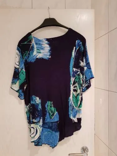 DW-Shop Damen T-Shirt Viskose Kurzarm Raffungen Abstrakt Blau Gr. 40 L 5