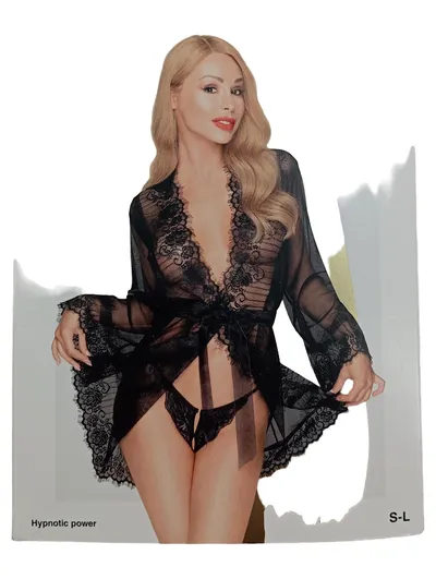 PENTHOUSE Dessous Set Damen S/L Kimono BH String Spitze Schwarz 3-teilig