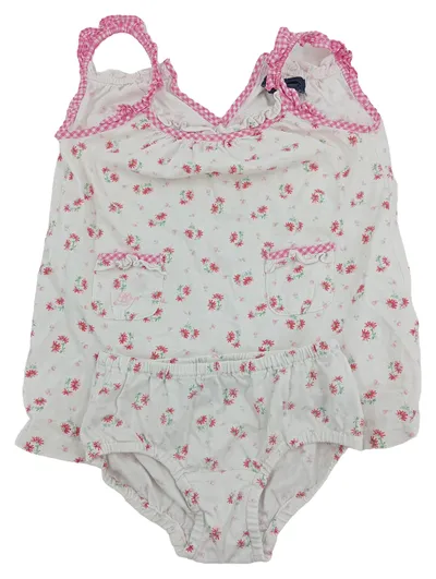 Ralph Lauren Baby Mädchen Set Kleid Höschen Blumenmuster Weiß Gr. 80 Baumwolle