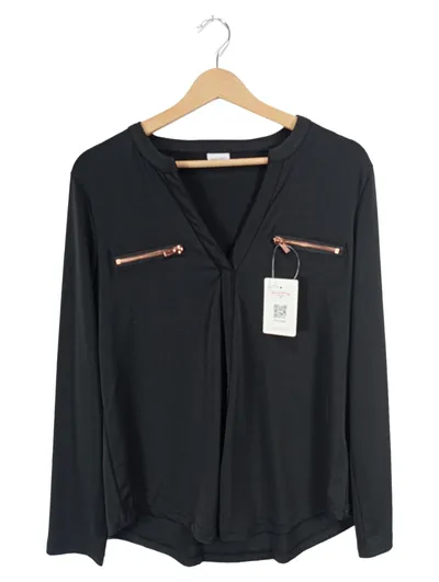 LASCANA Damen Bluse Langarm Schwarz Gr. L Reißverschluss-Details NEU
