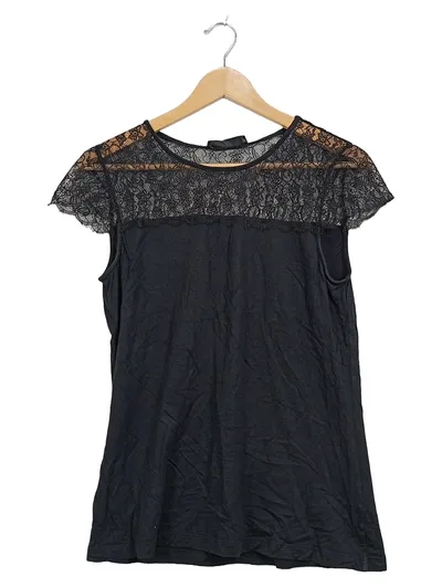 Hallhuber Damen T-Shirt Elegant Spitze Kurzarm Baumwolle Schwarz L 42